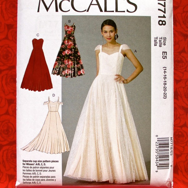 McCall's Sewing Pattern M7718 Sweetheart Neckline Gown Long Dress Fitted Bodice, Plus Sizes 14 16 18 20 22, Formal Ball Wedding Bridal UNCUT