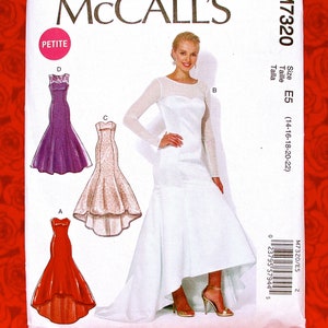 McCall's Sewing Pattern M7320, Formal Gown, Long Evening Dress, Hi Lo, Miss & Petite Sizes 14 16 18 20 22, Wedding Bridal Bridesmaid, UNCUT