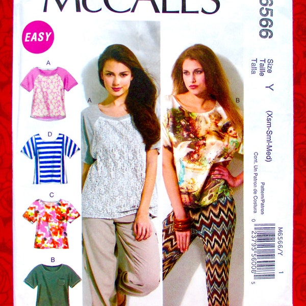 McCall's Sewing Pattern M6566, Loose Fit Knit Tops, Short Sleeve T-Shirts, Miss Sizes XS S M, Spring Summer Casual Pullover Fashion, UNCUT