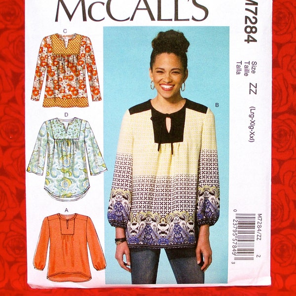 McCall's Easy Sewing Pattern M7284 Tunic Top, Loose Fitting Blouse, Plus Sizes L XL XxL, Casual Pullover, Boho Chic, Summer Fashion, UNCUT