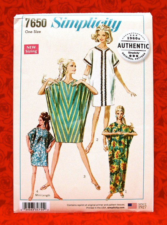 Simplicity Easy Sewing Pattern 7650 Kite Dress, Casual Loungewear, 3  Lengths, Party Hostess Gown, 1960's Retro Summer Leisure Fashion, UNCUT 