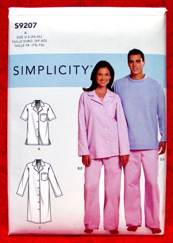 Patron de costura Simplicity S9207 pijama pantalon camison tallas de mujer y hombre XS S M L xL ropa de dormir de invierno y verano regalo festivo sin cortar Etsy Mexico