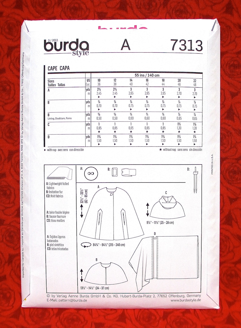 Burda 7313 Easy Sewing Pattern Cape Wrap Shrug Capelet Etsy