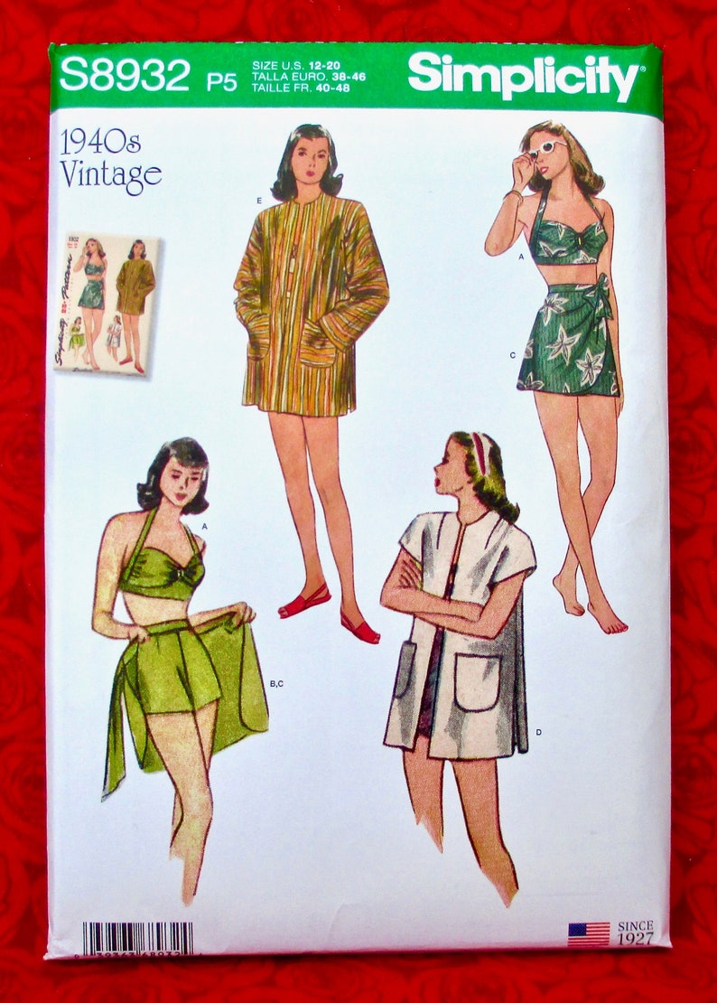 Simplicity Sewing Pattern S8932 Bikini Top, Shorts, Skirt, Jacket, Retro 1940's Style, Sizes 12 14 16 18 20, DIY Summer Beach Fashion, UNCUT 