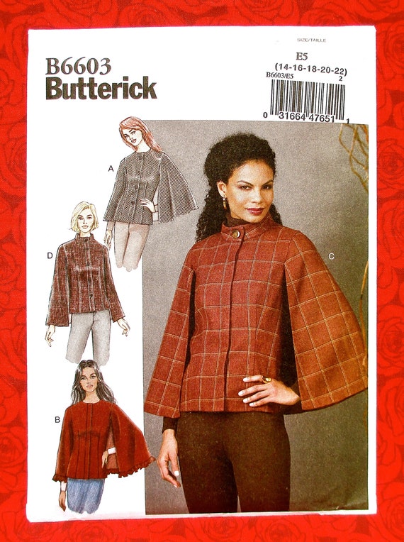NEW BUTTERICK B6603 MISSES LINED CAPES SEWING PATTERN SEMI-FITTED CAPE SIZE 6-14 NEW BUTTERICK B6603 MISSES LINED CAPES SEWING PATTERN SEMI-FITTED CAPE SIZE 6-14