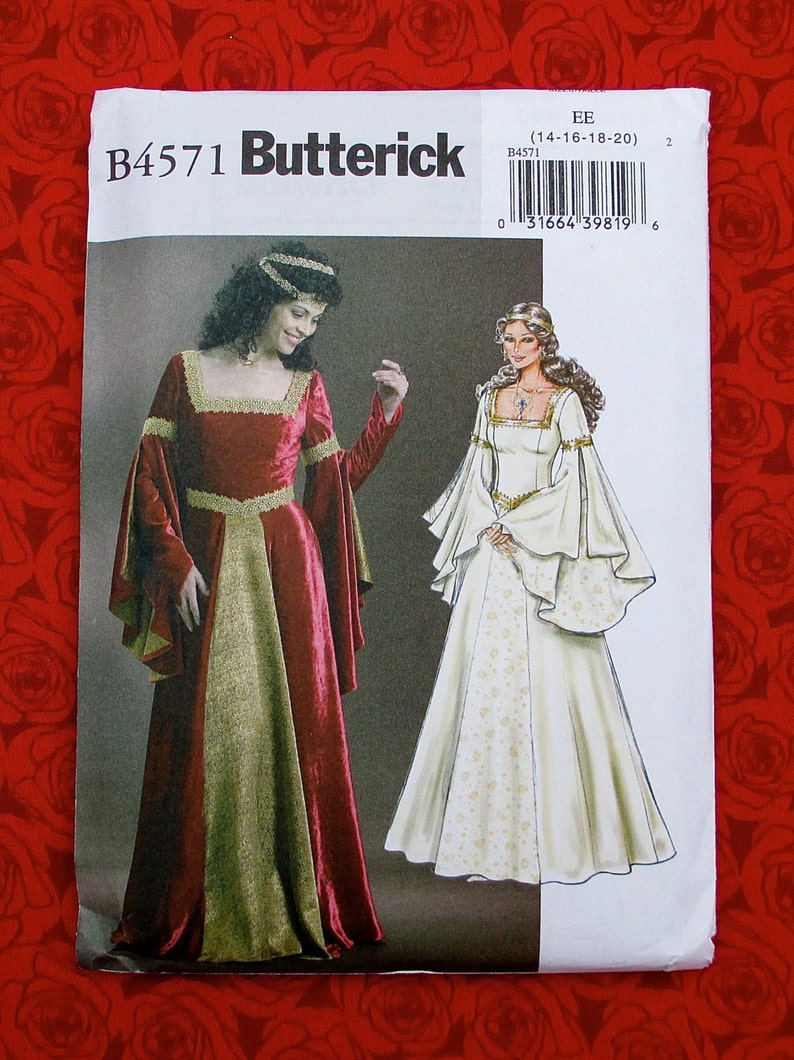 Butterick Sewing Pattern B4571 Medieval Long Gown UNCUT Plus Sizes 14 16 18 20 Renaissance Historical Reenactment Costume Madrigal Dress