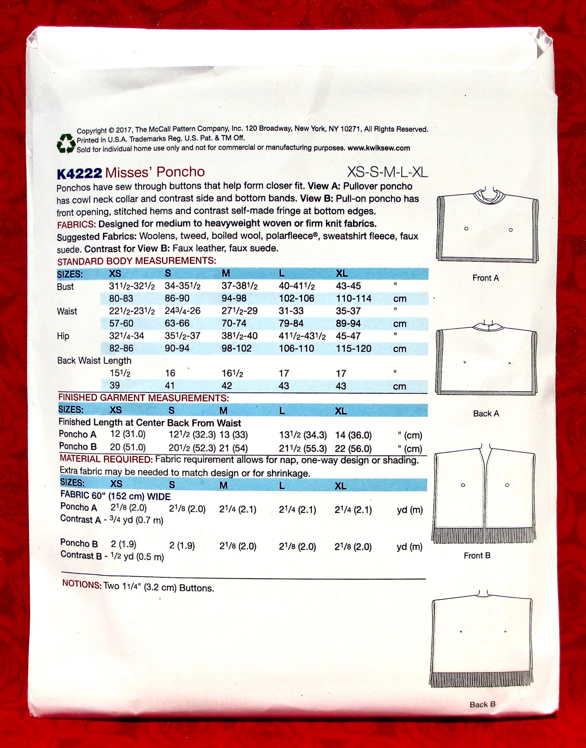 Kwik Sew Sewing Pattern K4222, Poncho Wraps, Cowl Neck, Open