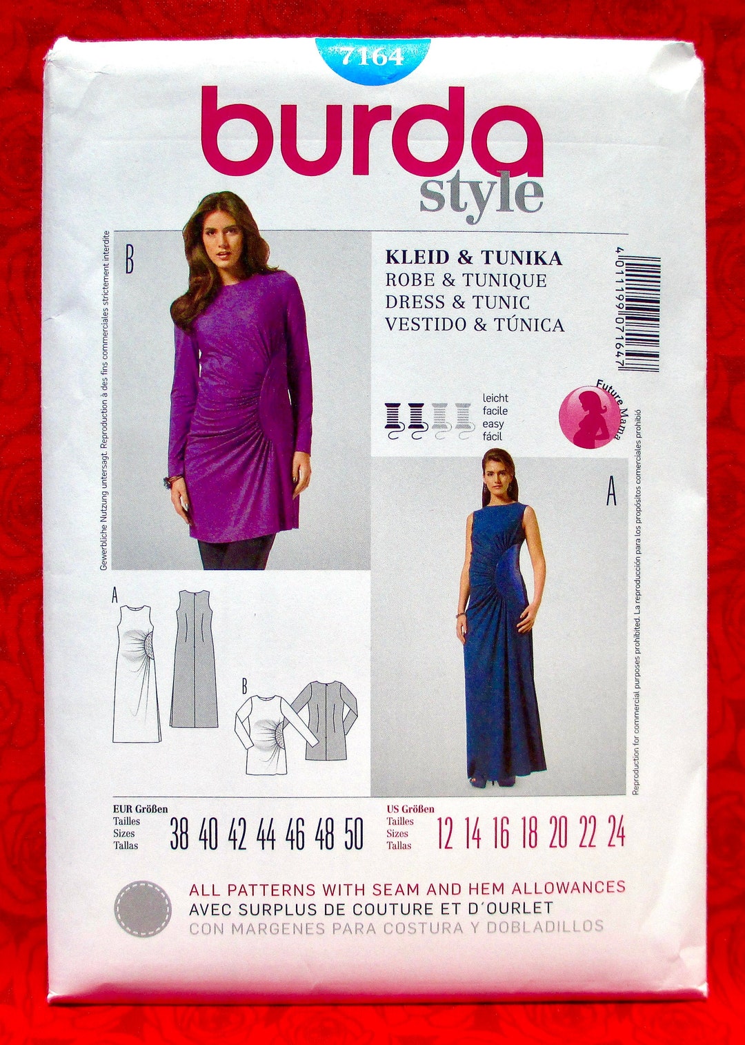 Burda Sewing Pattern 7164 Maternity Dress, Evening Gown, Tunic Top, Sizes 12 14 16 18 20 22 24