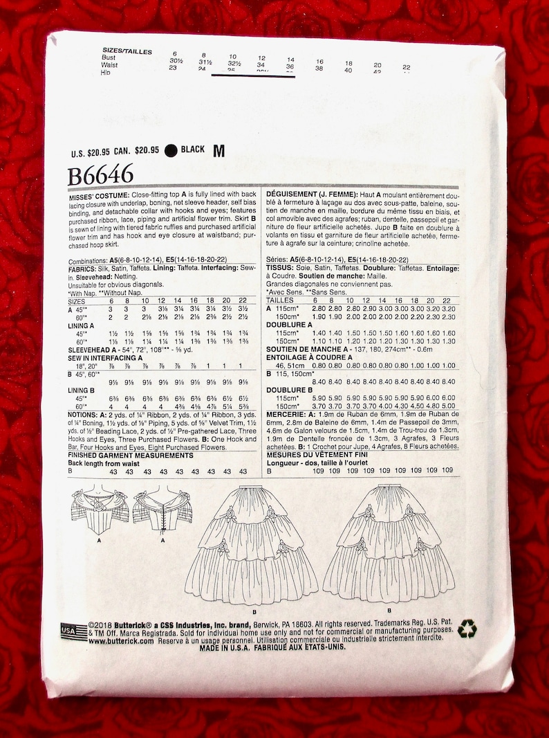 UNCUT Misses/' Size 6 8 10 12 14 Butterick Sewing Pattern B6646 Victorian 2-Piece Ball Gown 3 Tier Full Skirt 1800/'s Summer Dress Bodice