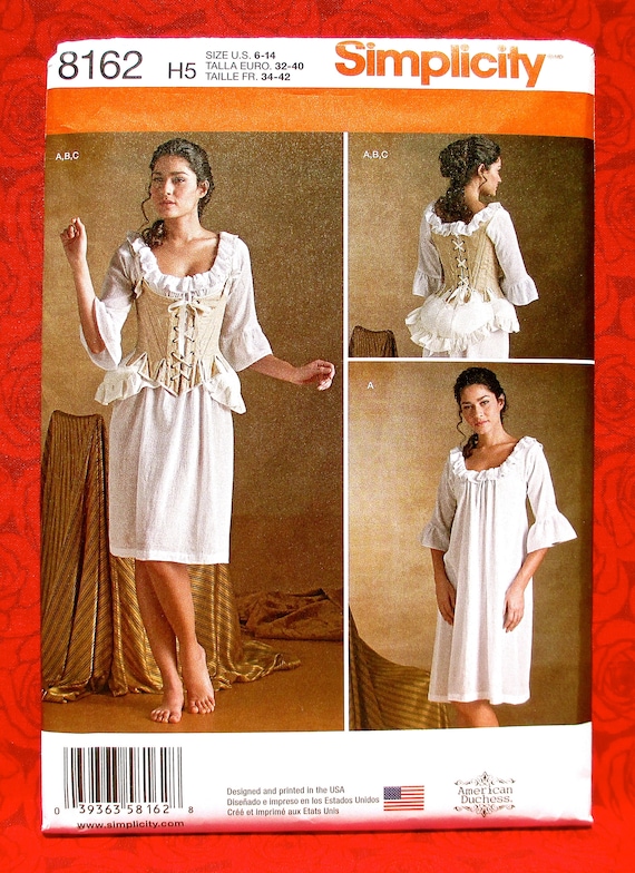 Simplicity Sewing Pattern 8162, 1700's Undergarments, Chemise, Bum