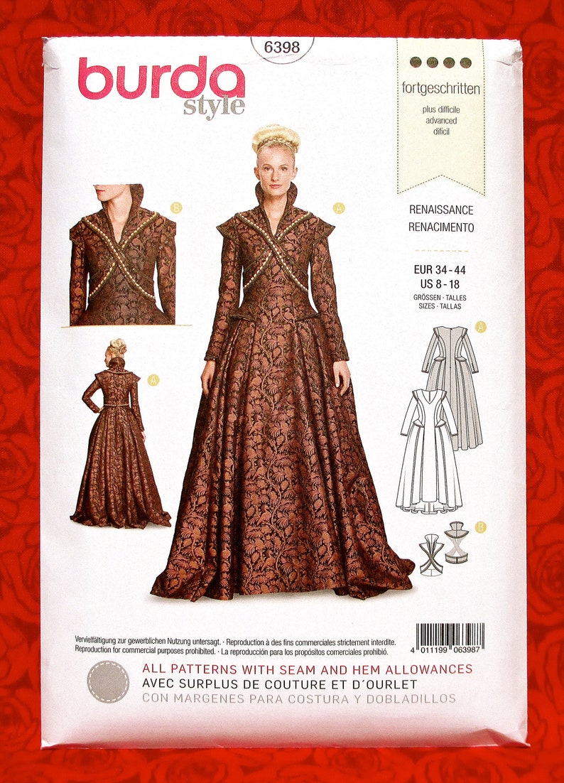 8 Patron À Burda 14 HautMiss Tailles 16 Style Élisabéthaine RobeCeinture Renaissance 18Robe De Couture Longue 6398 Col 10 12 Historique UzSMVp
