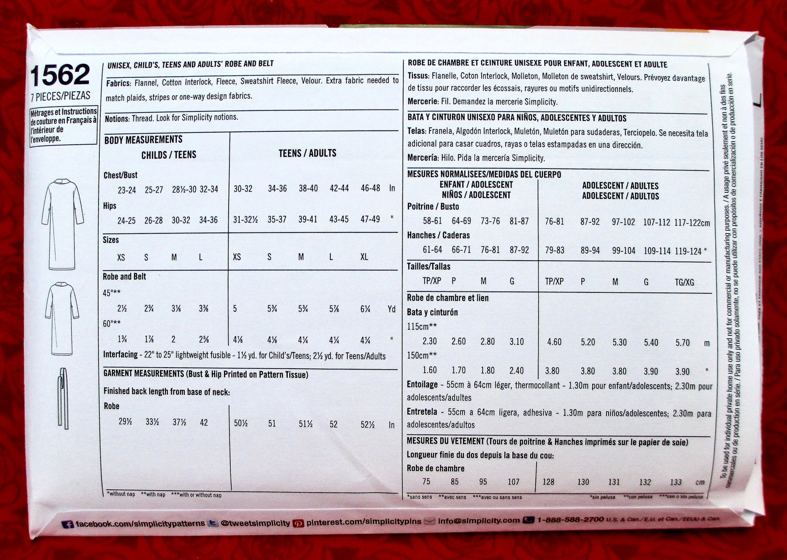 Simplicity Sewing Pattern 1562 Wrap Bath Robe Family Etsy