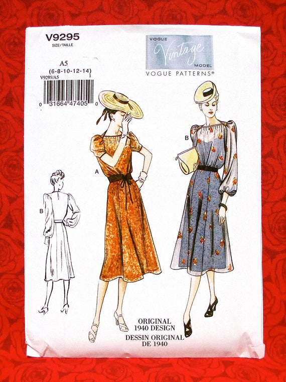 Vogue Sewing Pattern V9295, 1940's Fit Flare Dress, Tucks, Belt