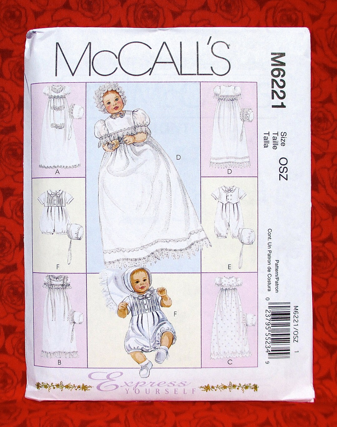 Mccall's Sewing Pattern M6221, Christening Baptismal Gowns, Rompers