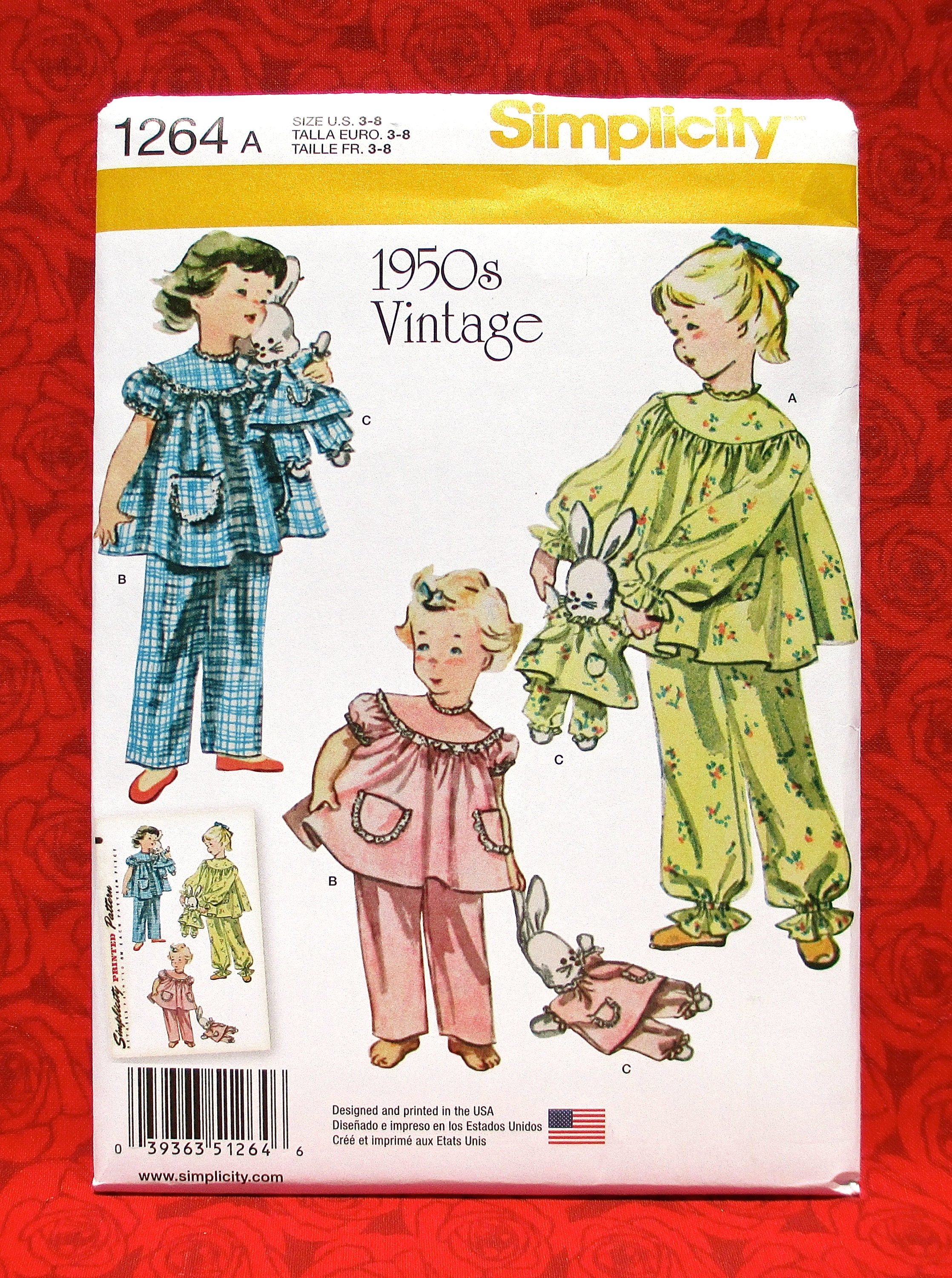 Simplicity Sewing Pattern 1264 Girl Pajamas, Stuffed Toy Bunny Rabbit, Sizes 3 4 5 6 7 8, 1950's Retro Style Sleepwear, Summer Winter, UNCUT