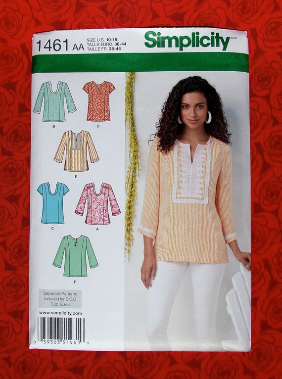 Simplicity Sewing Pattern 1461 Tunic Top Blouse Shirt Casual, Boho Chic,  Miss Sizes 10 12 14 16 18, Spring Summer Fashion Sportswear, UNCUT 