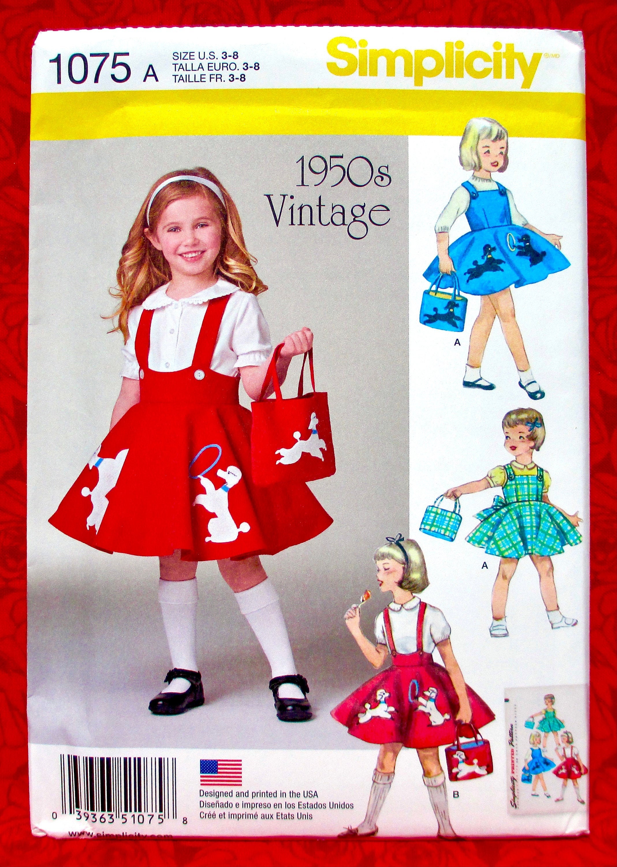 Simplicity Sewing Pattern 1075 Retro Jumper Dress, Skirt, Purse, Girl Sizes  3 4 5 6 7 8, Poodle Appliqué, 1950's Style Summer Fashion, UNCUT