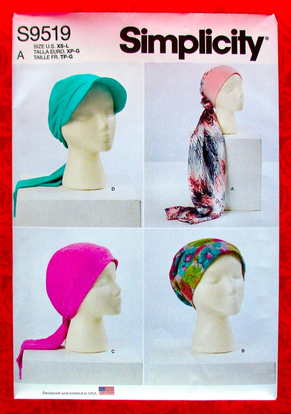 Simplicity Sewing Pattern S9519 Knit Head Wrap Hat Cap Chemo Care Fashion Accessory Women Sizes XS S M L Spring Summer Boho Style UNCUT
