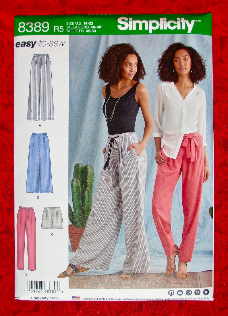 Simplicity Easy Sewing Pattern 8389 Long Pants, Pull-On, Shorts, Tie Belt, Wide & Narrow Leg Fashion Sportswear, Sizes 14 16 18 20 22, UNCUT