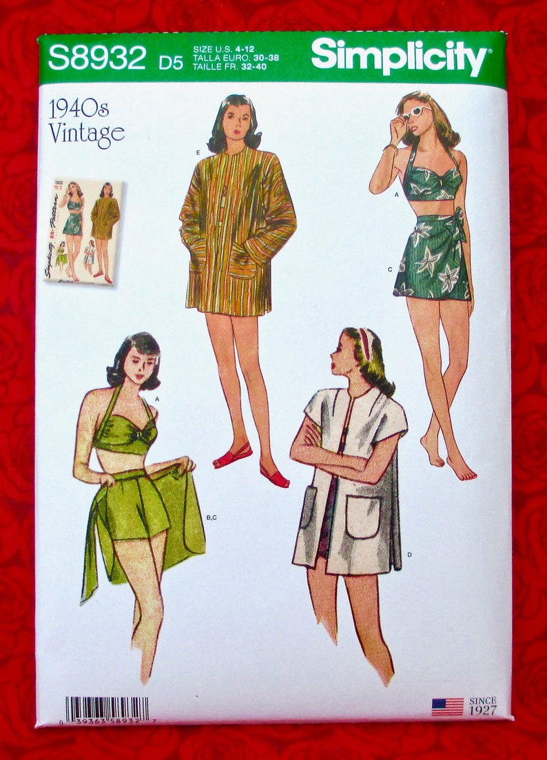 Simplicity Sewing Pattern S8932 Bikini Top, Shorts, Skirt, Jacket, Retro 1940's Style, Sizes 4 6 8 10 12, Summer Pool Beach Fashion, UNCUT 