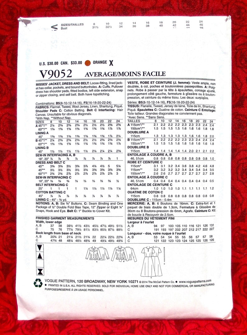 Miss Sizes 8 10 12 14 16 Spring Summer Sportswear Belt UNCUT Dress MCM Retro Fashion Vogue Sewing Pattern V9052 Jacket 1940/'s Suit