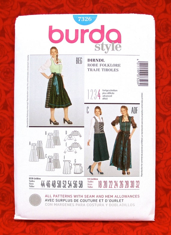 Burda Sewing Pattern 7326 Bavarian Folk Costume Dirndl Dress | Etsy