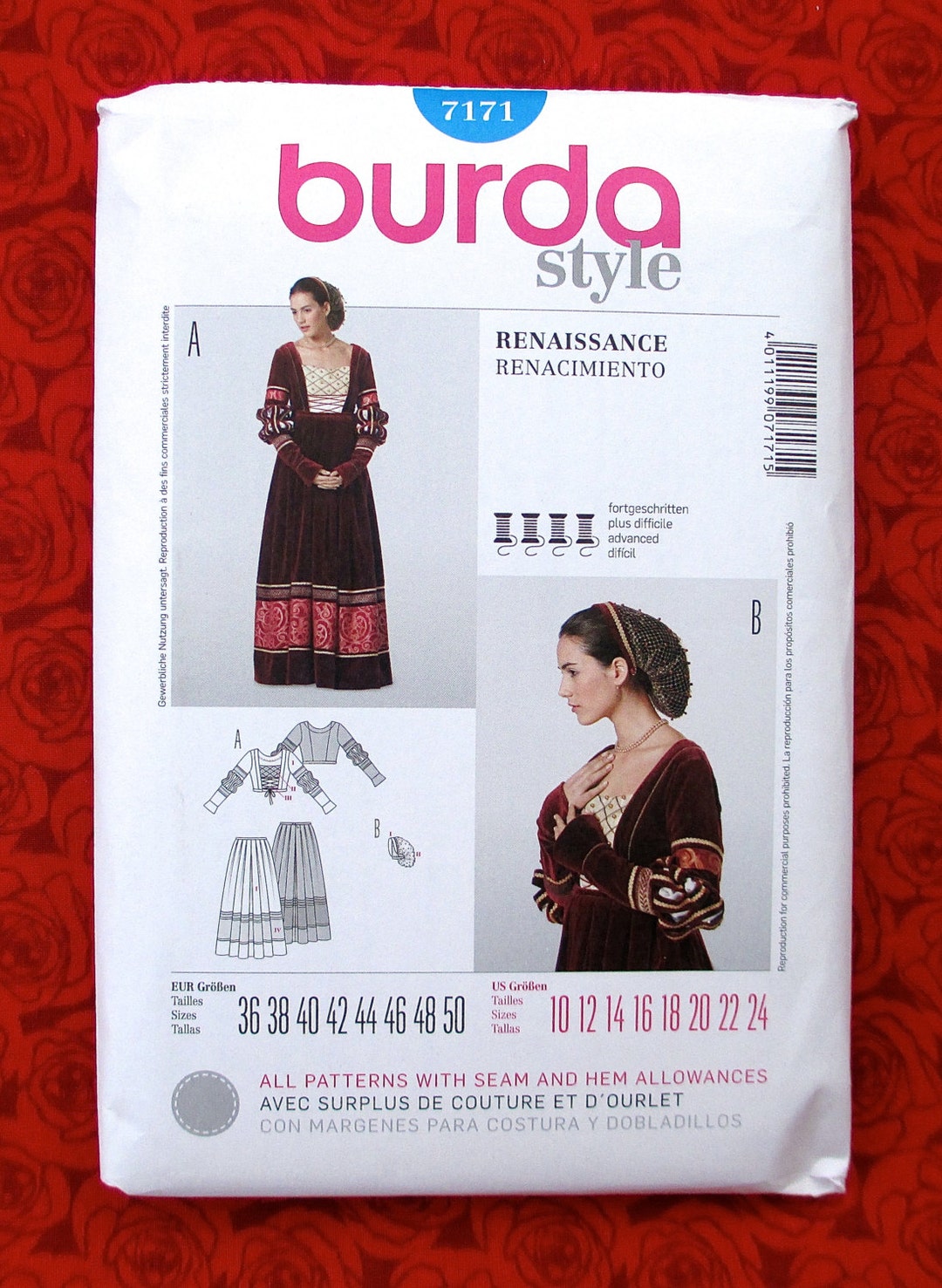 Burda Sewing Pattern 7171 Renaissance 2-piece Gown, Snood, Dress ...