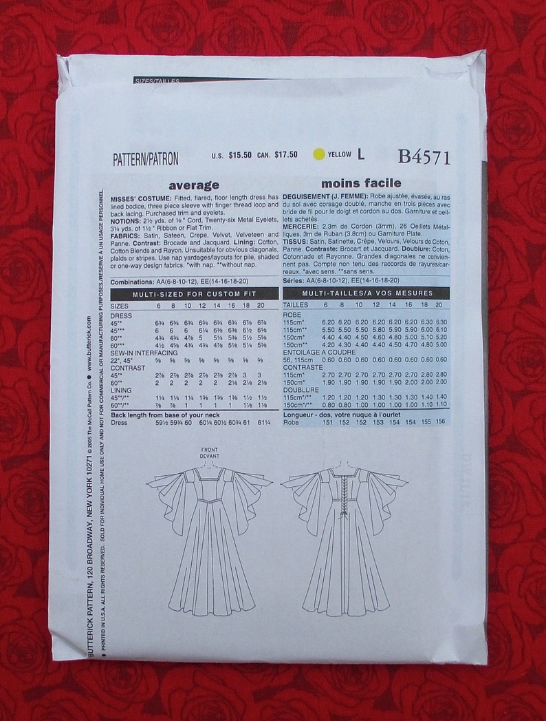 Butterick Sewing Pattern B4571 Medieval Long Gown UNCUT Plus Sizes 14 16 18 20 Renaissance Historical Reenactment Costume Madrigal Dress