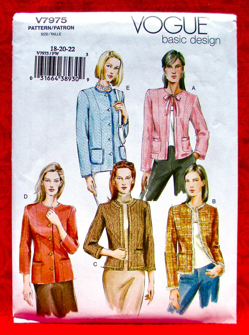 Vogue Sewing Pattern V7975 Collarless Jacket Coat Spring Sportswear Fashion Basic Plus Petite Sizes 18 20 22 Button or Open Front UNCUT