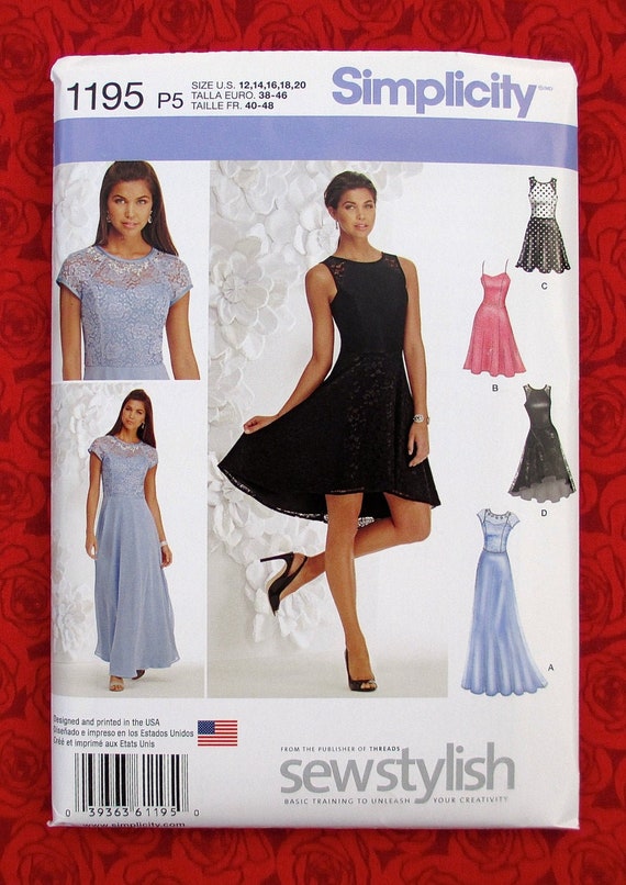 Simplicity Sewing Pattern 1195 Evening Gown Special Occasion Dress,  Princess Seam, Hi Lo Hem, Lace Overlay, Plus Sizes 12 14 16 18 20, UNCUT 