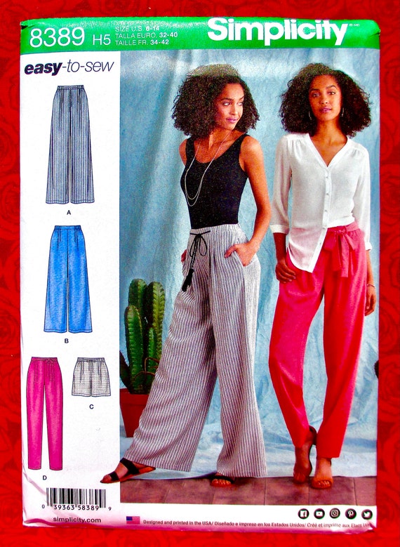 Simplicity Easy Sewing Pattern 8389, Long Pants, Pull-on, Shorts, Tie Belt,  Wide & Narrow Leg, Sizes 6 8 10 12 14, Fashion Sportswear, UNCUT 