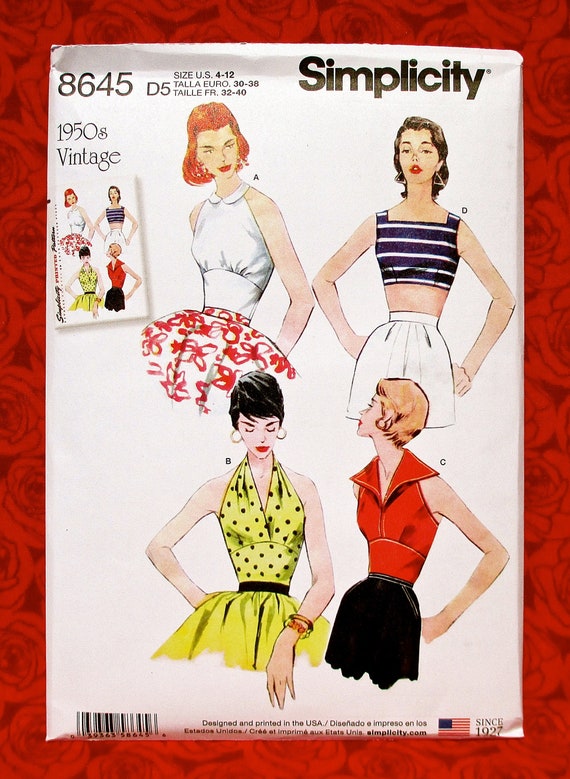 Simplicity Sewing Pattern 8645, Halter Sun Tops, 1950's Fashion