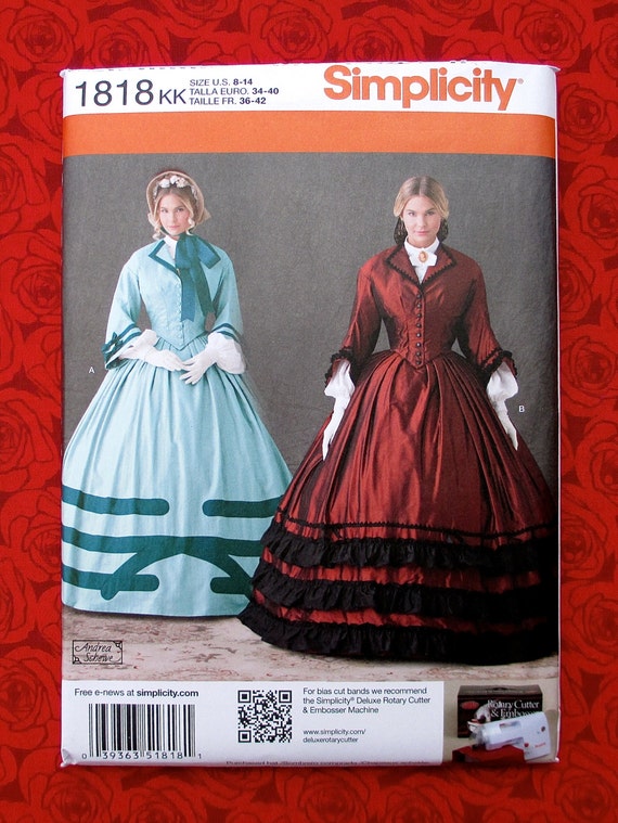 Simplicity Sewing Pattern 1818, Victorian Dress, Ball Gown, Hoop Style  Skirt, Misses' Sizes 8 10 12 14, DIY 1800's American Costume, UNCUT 