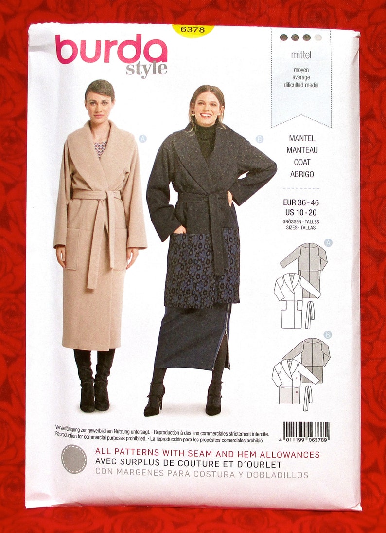 Burda Sewing Pattern 6387 Misses Shawl Collar Coat Size 10-20 Euro 36-46