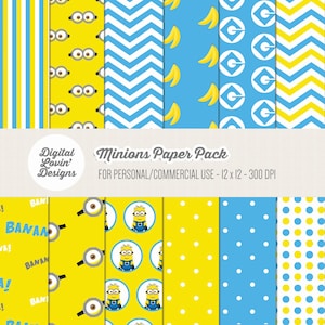 SOFORTIGER DOWNLOAD - 12 Minions inspirierte digitale Papiere für Scrapbooking, Kunsthandwerk, Einladungen für den persönlichen Gebrauch