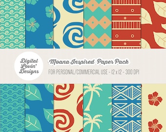 INSTANT DOWNLOAD - 12 Moana Digital Papers for Scrapbooking, Crafts, Invitations for Commercial and Personal Use
