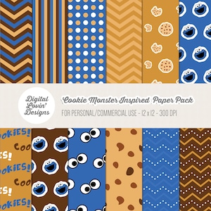 INSTANT DOWNLOAD - 12 Cookie Monster Inspired Digital Papers for Scrapbooking, Crafts, Invitations for Personal Use
