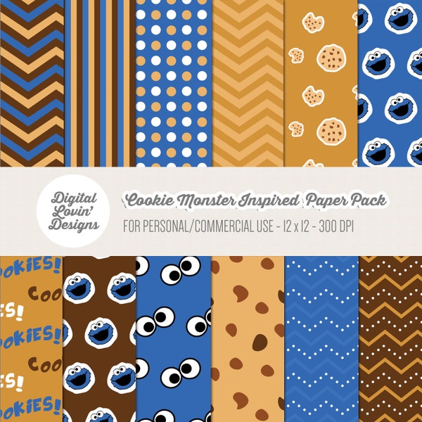 INSTANT DOWNLOAD - 12 Cookie Monster Inspired Digital Papers for Scrapbooking, Crafts, Invitations for Personal Use