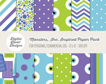 INSTANT DOWNLOAD - 12 Monsters, Inc. Digital Papers for Scrapbooking, Crafts, Invitations for Commercial and Personal Use