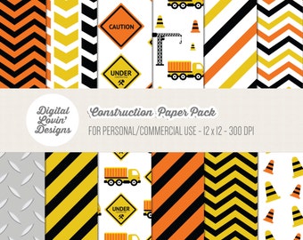 INSTANT DOWNLOAD - 12 Construction Digital Papers / Scrapbooking, Crafts, Invitations, Digital Scrapbooking for Commercial & Personal Use