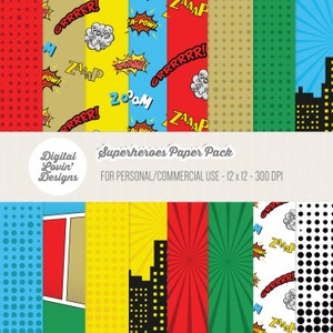 INSTANT DOWNLOAD - 16 Superheroes Digital Papers for Scrapbooking, Crafts, Invitations for Commercial and Personal Use