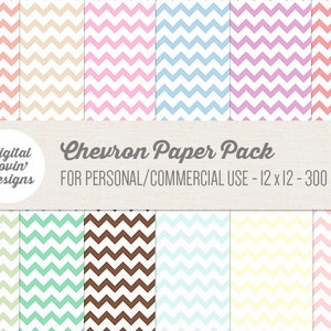 May include: A set of 12 digital chevron patterned papers in various colors, including peach, pink, blue, purple, green, brown, and yellow. The papers are 12 inches by 12 inches and 300 DPI. The text "Chevron Paper Pack" and "FOR PERSONAL/COMMERCIAL USE - 12 x 12 - 300 DPI" is displayed on a wooden background.