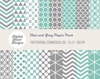 DOWNLOAD INSTANTÂNEO - 16 papéis azul-petróleo e cinza para scrapbooking, artesanato, convites para uso comercial e pessoal