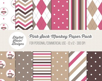 INSTANT DOWNLOAD - 12 Pink Sock Monkey Papers for Scrapbooking, Crafts, Invitations for Commercial and Personal Use