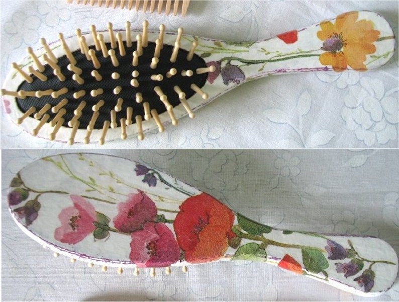 Wooden hair brush decorated by decoupage technique image 3