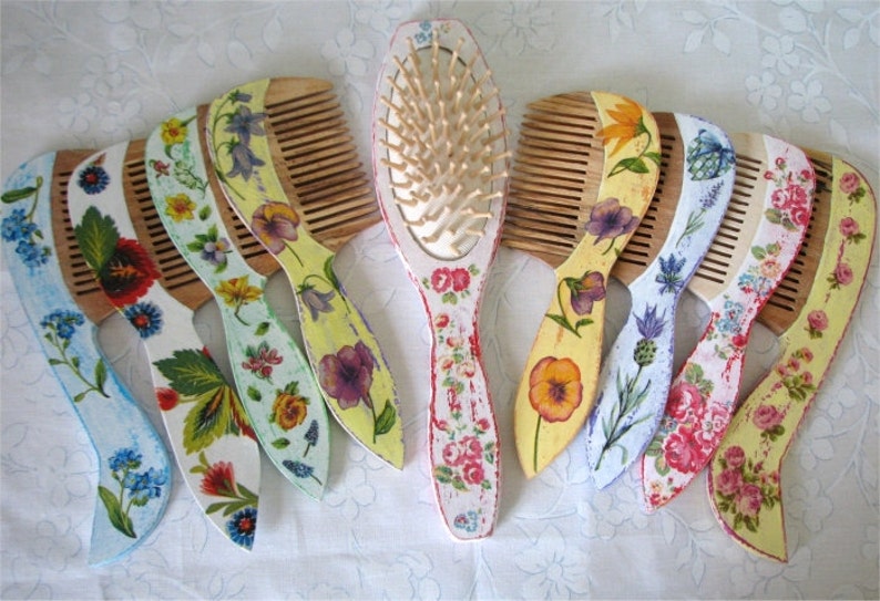 Wooden hair brush decorated by decoupage technique image 1