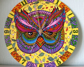 Handmade clock. "Owls head" Hand-painted decorative wall clock. Home Decor for Children, wall clocks handmade