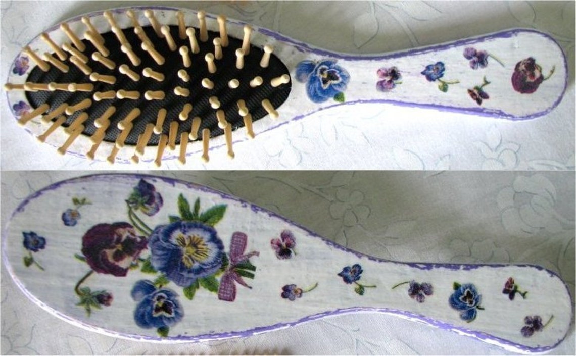 Wooden hair brush decorated by decoupage technique Etsy
