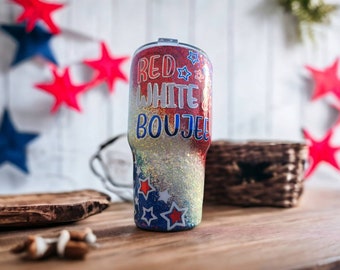 Red, White,and Boujee Stainless Steel Tumbler Glittered HOGG