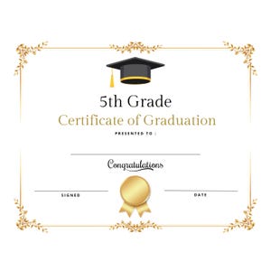 Fünfte Klasse Abschlussdiplom Zertifikat Sofortiger Download Druckbare Print and Go ~ Erschwingliche elegante professionelle Ende des Schuljahres